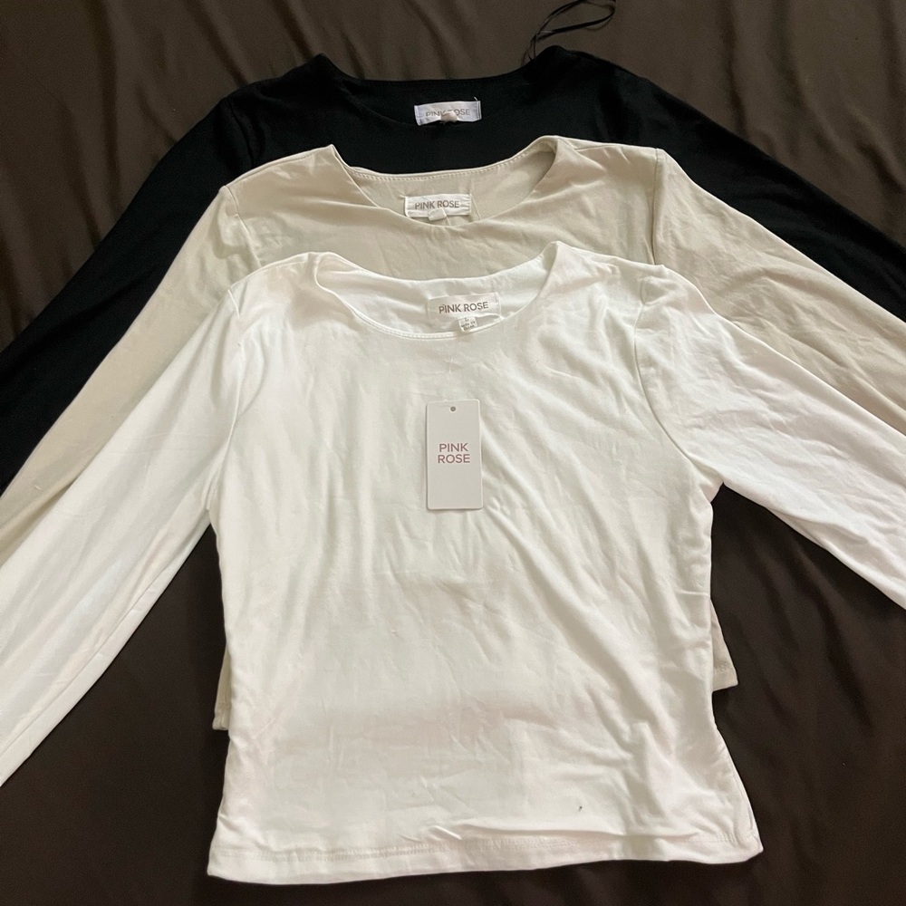 3-Pack Pink Rose Long Sleeve Tops - Black, White, Cream